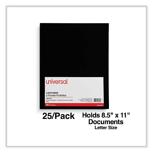 Universal Laminated Two-Pocket Folder, Cardboard Paper, 100-Sheet Capacity, 11 x 8.5, Black, 25/Box (UNV56416)