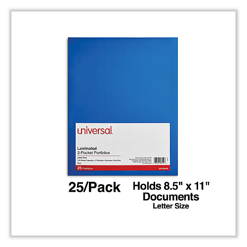 Universal Laminated Two-Pocket Folder, Cardboard Paper, 100-Sheet Capacity, 11 x 8.5, Blue, 25/Box (UNV56419)