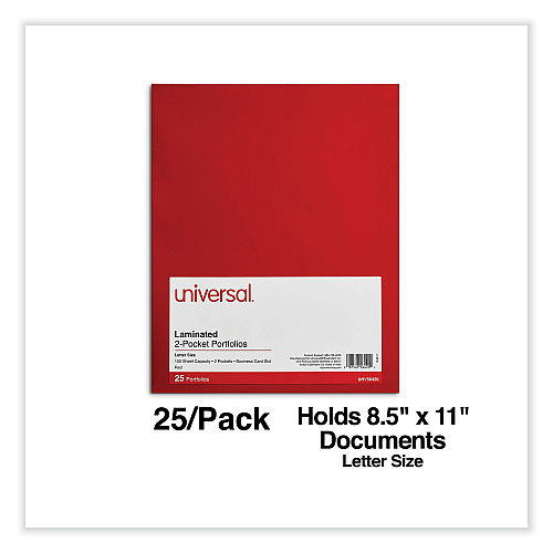 Universal Laminated Two-Pocket Folder, Cardboard Paper, 100-Sheet Capacity, 11 x 8.5, Red, 25/Box (UNV56420)