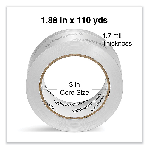 Universal Deluxe General-Purpose Acrylic Box Sealing Tape, 1.7 mil, 3" Core, 1.88" x 109 yds, Clear, 6/Pack (UNV63120)