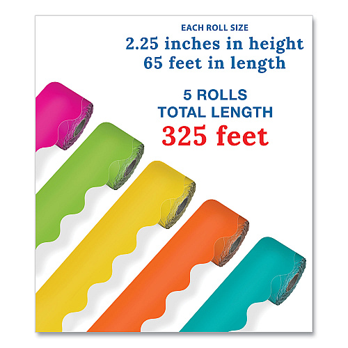 Carson-Dellosa Rolled Scalloped Border Set, 2.25" x 65 ft, Assorted Colors, 5/Set (145301)