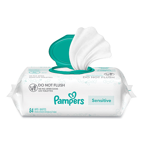 Pampers Sensitive Baby Wipes, 1-Ply, 6.7 x 7, Unscented, White, 84/Pack, 7/Carton (07325)