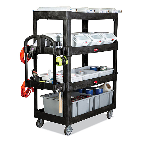 Rubbermaid Commercial BRUTE Heavy-Duty Ergo Utility Cart, Plastic, 4 Shelves, 700 lb Capacity, 24.35" x 54.1" x 62.4", Black (2128657)