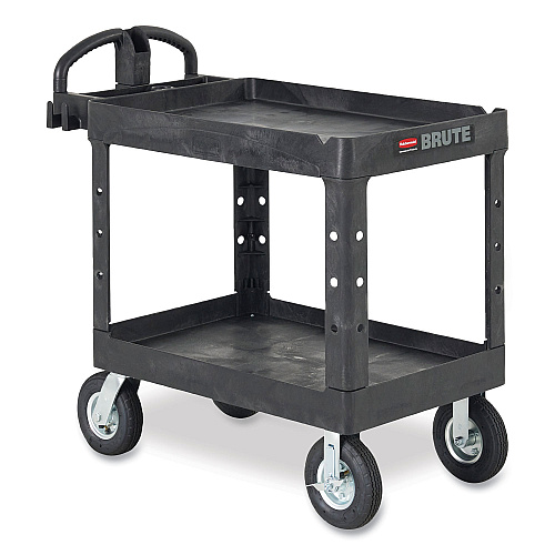 Rubbermaid Commercial BRUTE Heavy-Duty Utility Cart with Lipped Shelves, Plastic, 2 Shelves, 750 lb Capacity, 26" x 55" x 33.25", Black (4546BLA)