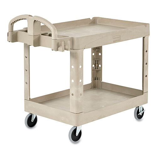 Rubbermaid Commercial BRUTE Heavy-Duty Utility Cart with Lipped Shelves, Plastic, 2 Shelves, 500 lb Capacity, 17.13" x 38.5" x 38.88", Beige (450088BG)