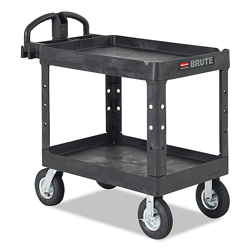 Rubbermaid Commercial BRUTE Heavy-Duty Utility Cart with Lipped Shelves, Plastic, 2 Shelves, 500 lb Capacity, 17.13" x 38.5" x 38.88", Black (450088BK)