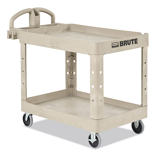 Rubbermaid Commercial BRUTE Heavy-Duty Utility Cart with Lipped Shelves, Plastic, 2 Shelves, 500 lb Capacity, 25.9" x 45.2" x 32.2", Beige (452088BG)
