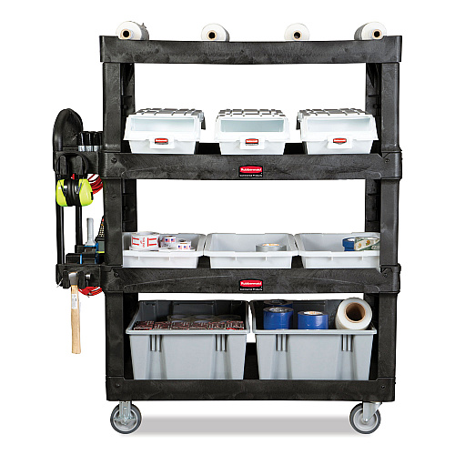 Rubbermaid Commercial BRUTE Heavy-Duty Ergo Utility Cart, Plastic, 4 Shelves, 700 lb Capacity, 24.35" x 54.1" x 62.4", Black (2128657)