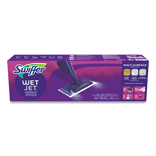 Swiffer WetJet Mop Starter Kit with 10 Pads and 1 Cleaner, 11.3 x 5.4 Head, Silver Handle (49886)