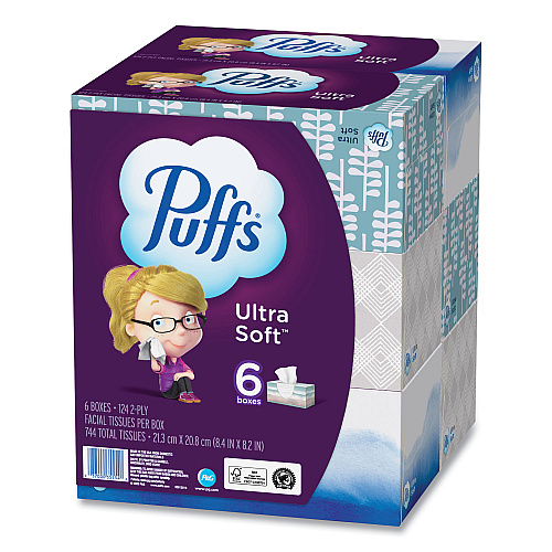 Puffs Ultra Soft Facial Tissue, 2-Ply, White, 124 Sheets/Box, 6 Boxes/Pack, 4 Packs/Carton (35554)