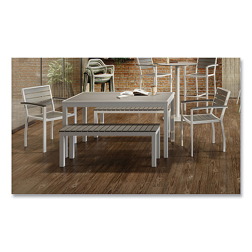 KFI Studios Eveleen Outdoor Dining Table Set, 55" x 35" x 29" Rectangular Table, 2 Benches, 2 Armchairs, Gray/White (840031918437)