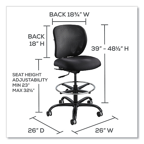 Safco Vue Heavy-Duty Extended-Height Stool, Supports Up to 350 lb, 23" to 32.5" Seat Height, Black Vinyl Seat, Black Base (3394BV)