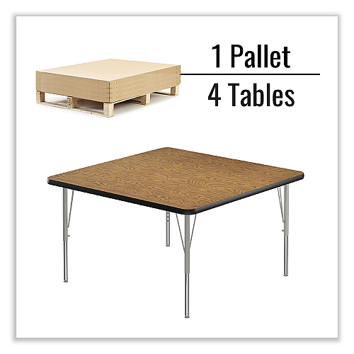 Correll Adjustable Activity Tables, Square, 48" x 48" x 19" to 29", Medium Oak Top, Silver Legs, 4/Pallet (4848TF06954P)