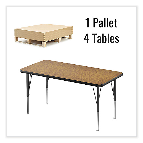 Correll Adjustable Activity Table, Rectangular, 48" x 24" x 19" to 29", Medium Oak Top, Black Legs, 4/Pallet (2448TF0695K4)