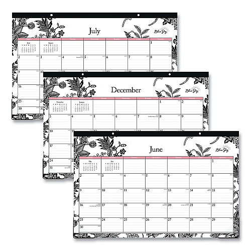 Blue Sky Analeis Academic Year Desk Pad Calendar, Floral Artwork, 17 x 11, White/Black/Coral Sheets, 12-Month (July-June): 2025-2026 (130617)