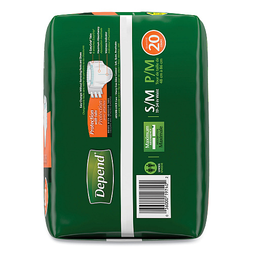 Depend Incontinence Protection with Tabs, Small/Medium, 19" to 34" Waist, 20/Pack, 3 Packs/Carton (35456)
