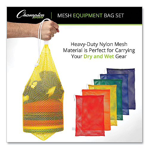 Champion Sports Heavy-Duty Mesh Bag, 12" x 18", Gold, Green, Orange, Purple, Royal Blue, Scarlet Red, 6/Set (MB18SET)