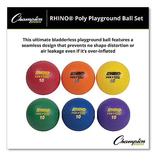 Champion Sports Rhino Playground Ball Set, 10" Diameter, Rubber, Assorted Colors, 6/Set 10" - Red, Orange, Yellow, Green, Blue, Purple - 6 / Set (PX10SET)