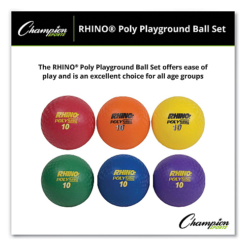 Champion Sports Rhino Playground Ball Set, 10" Diameter, Rubber, Assorted Colors, 6/Set 10" - Red, Orange, Yellow, Green, Blue, Purple - 6 / Set (PX10SET)