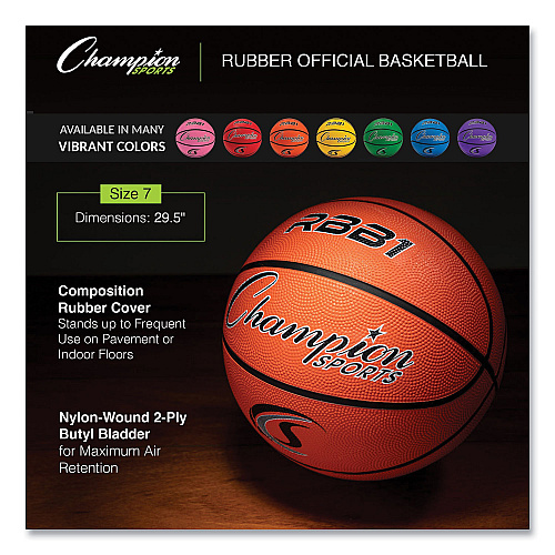 Champion Sports Rubber Sports Ball, For Basketball, No. 7 Size, Official Size, Orange (RBB1)