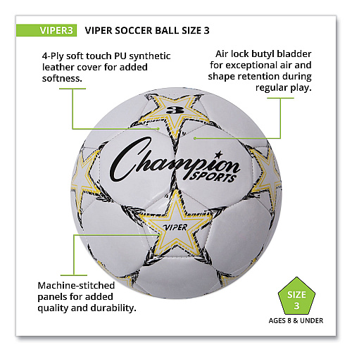 Champion Sports VIPER Soccer Ball, No. 3 Size, 7.25" to 7.5" Diameter, White (VIPER3)