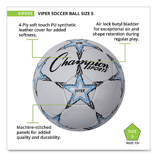 Champion Sports VIPER Soccer Ball, No. 5. Size, 8.5" to 9" Diameter, White (VIPER5)