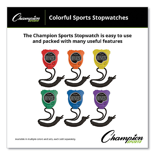 Champion Sports Water-Resistant Stopwatches, Accurate to 1/100 Second, Assorted Colors, 6/Box (910SET)