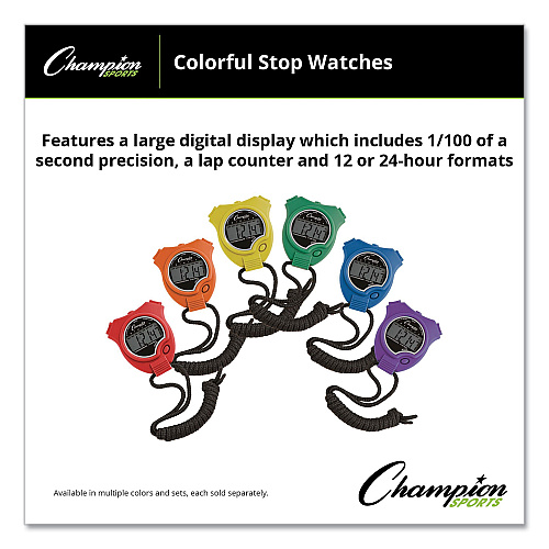 Champion Sports Water-Resistant Stopwatches, Accurate to 1/100 Second, Assorted Colors, 6/Box (910SET)