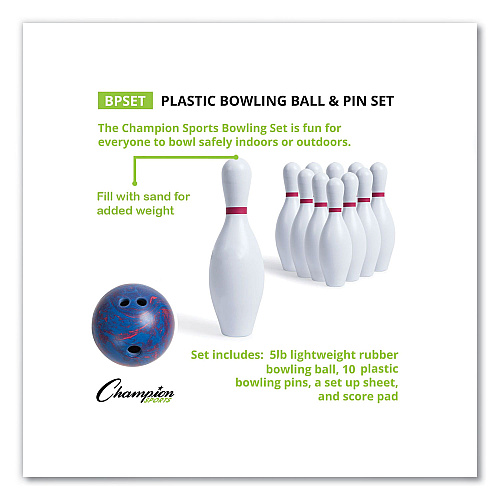 Champion Sports Bowling Set, Plastic/Rubber, White, 10 Bowling Pins, 1 Bowling Ball (BPSET)