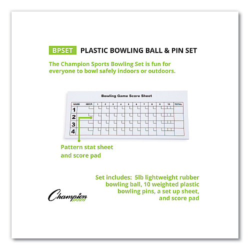 Champion Sports Bowling Set, Plastic/Rubber, White, 10 Bowling Pins, 1 Bowling Ball (BPSET)