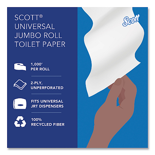 Scott Essential 100% Recycled Fiber JRT Bathroom Tissue for Business, Septic Safe, 2-Ply, White, 3.55" x 1,000 ft, 12 Rolls/Carton (67805)