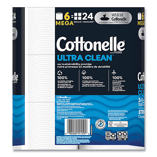 Cottonelle Ultra CleanCare Toilet Paper, Strong Tissue, Mega Rolls, Septic Safe, 1-Ply, White, 284/Roll, 6 Rolls/Pack, 36 Rolls/Carton (55699)