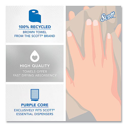 Scott Essential 100% Recycled Fiber Hard Roll Towel, 1-Ply, 8" x 700 ft, 1.75" Core, Brown, 6 Rolls/Carton (54038)
