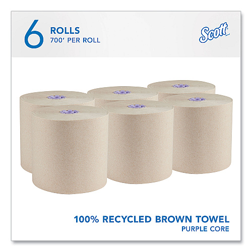 Scott Essential 100% Recycled Fiber Hard Roll Towel, 1-Ply, 8" x 700 ft, 1.75" Core, Brown, 6 Rolls/Carton (54038)