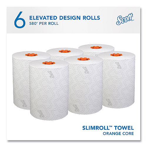 Scott Slimroll Towels, 1-Ply, 8" x 580 ft, White/Orange Core, 6 Roll/Carton (47035)