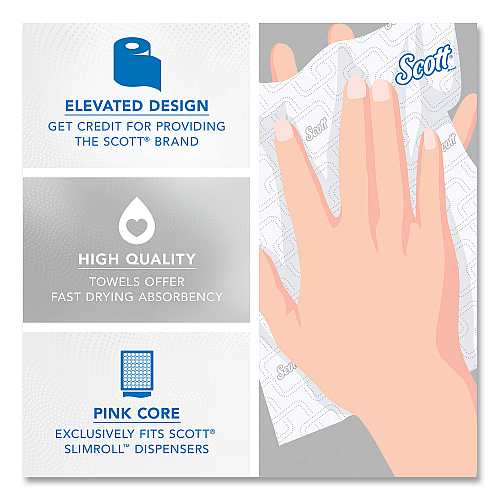 Scott Slimroll Towels, 1-Ply, 8" x 580 ft, White/Pink Core, Traditional Business, 6 Rolls/Carton (47032)