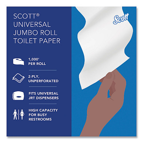 Scott Essential JRT Jumbo Roll Bathroom Tissue, Septic Safe, 2-Ply, White, 3.55" x 1,000 ft, 12 Rolls/Carton (07805)