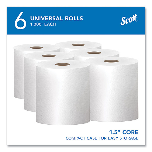Scott Essential High Capacity Hard Roll Towels for Business, 1-Ply, 8" x 1,000 ft, 1.5" Core, Recycled, White, 6 Rolls/Carton (01005)