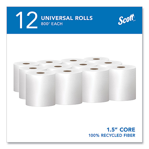 Scott Essential 100% Recycled Fiber Hard Roll Towel, 1-Ply, 8" x 800 ft, 1.5" Core, White, 12 Rolls/Carton (01052)