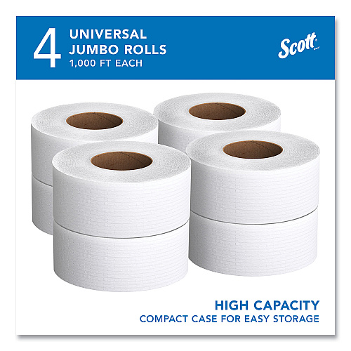 Scott Essential JRT Jumbo Roll Bathroom Tissue, Septic Safe, 2-Ply, White, 3.55" x 1,000 ft, 4 Rolls/Carton (03148)