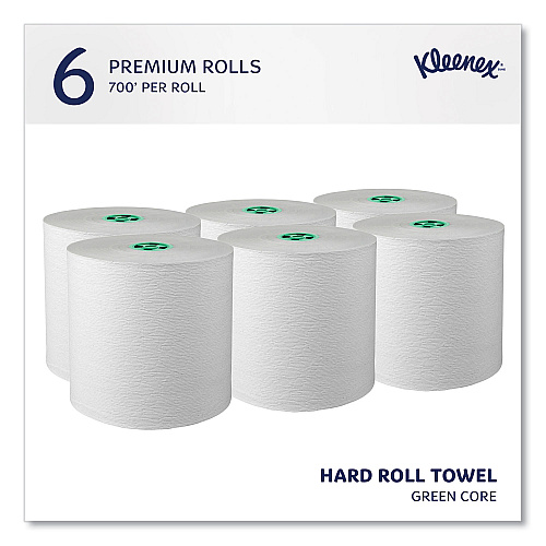 Kleenex Hard Roll Paper Towels with Premium Absorbency Pockets with Colored Core, Green Core, 1-Ply, 7.5" x 700 ft, White, 6 Rolls/CT (25630)