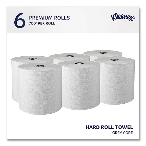 Kleenex Hard Roll Paper Towels with Premium Absorbency Pockets with Colored Core, Gray Core, 1-Ply, 7.5" x 700 ft, White, 6 Rolls/CT (25639)