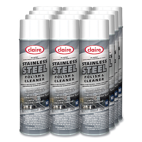 Claire Stainless Steel Polish and Cleaner, Lemon Scent, 15 oz Aerosol Spray, Dozen (841)