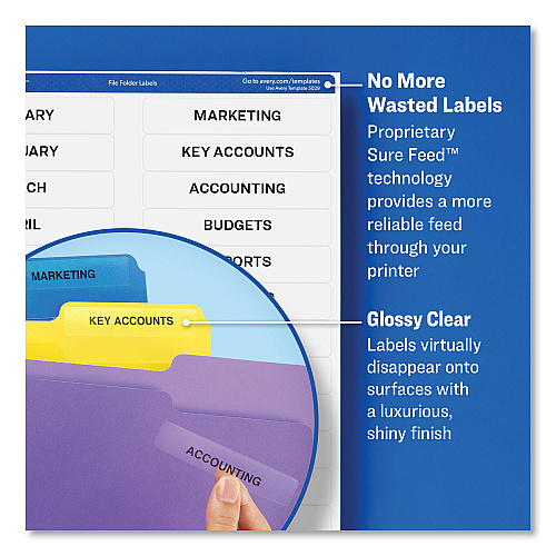Avery Clear Permanent File Folder Labels with Sure Feed Technology, 0.66 x 3.44, Clear, 30/Sheet, 15 Sheets/Pack (5029)