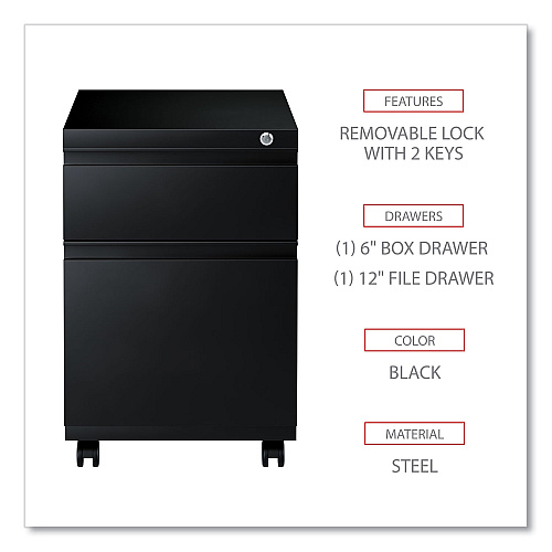 Alera File Pedestal with Full-Length Pull, Left or Right, 2-Drawers: Box/File, Legal/Letter, Black, 14.96" x 19.29" x 21.65" (ALEPBBFBL)