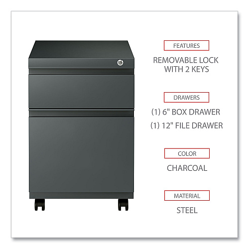 Alera File Pedestal with Full-Length Pull, Left or Right, 2-Drawers: Box/File, Legal/Letter, Charcoal, 14.96" x 19.29" x 21.65" (ALEPBBFCH)
