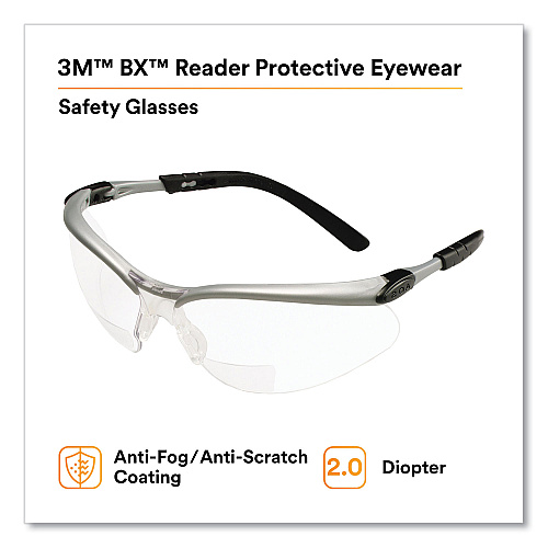 3M BX Molded-In Diopter Safety Glasses, 2.0+ Diopter Strength, Silver/Black Frame, Clear Lens (1137500000)