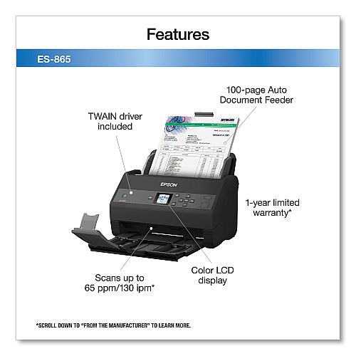 Epson WorkForce ES-865 Color Duplex Document Scanner, 600 dpi Optical Resolution, 100-Sheet Duplex Auto Document Feeder (B11B250202)