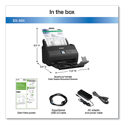 Epson WorkForce ES-865 Color Duplex Document Scanner, 600 dpi Optical Resolution, 100-Sheet Duplex Auto Document Feeder (B11B250202)