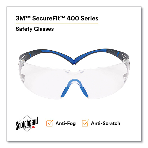 3M SecureFit Protective Eyewear, 400 Series, Black/Blue Plastic Frame, Clear Polycarbonate Lens (SF401SGAFBLU)